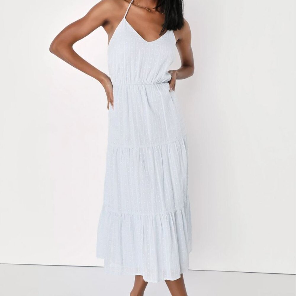 NWT Lulu’s | Sunny Reverie Light Blue Swiss Dot Lurex Halter Midi Dress | Small